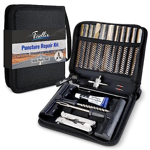 Tirellix Flat Tire Repair Kit (Multi-Tool with Pliers) - 24 PieceTire Puncture Repair Kit for Car, Auto, Emergency Tire Repair Tools and Tire Plugs in Organizer Carry Case, for Tubeless Tires