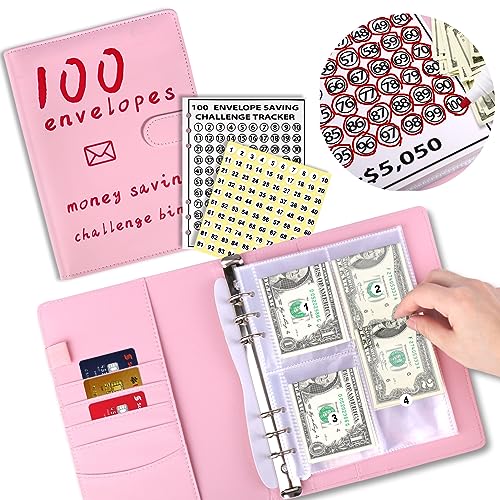 AIERSA 100 Envelopes Money Saving Challenge Binder Kit, Fun A5 Budget Binder Book Organizer with Cash Envelopes for 100 Day Cash Stuffing, Budgeting, Money Saving Box Replacement, 1 Set Pink