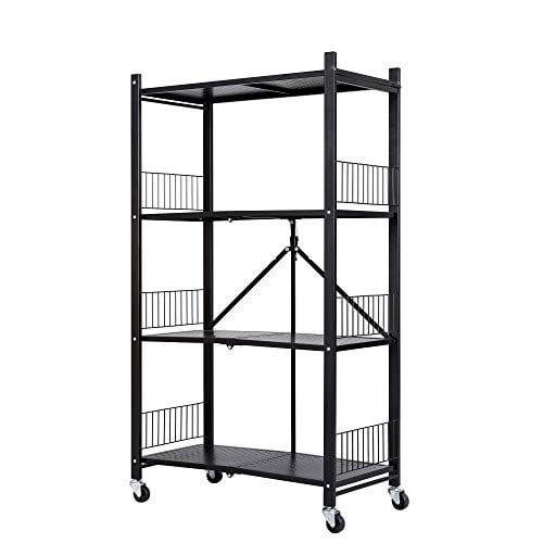 JAQ Foldable Storage Shelves Unit, 4-Tier Folding Shelf Shelving Rack Organizer Cart with Rolling Wheels for Temporary or Mobile Storage in Kitchen Warehouse Patio Pantry Craft (Black, 4-Tier)