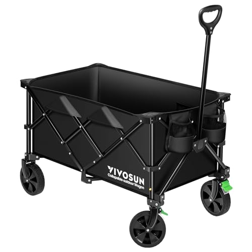 VIVOSUN Collapsible Folding Wagon, Outdoor Utility with Silent Universal Wheels, Cup Holders & Side Pockets, Adjustable Handle, for Camping, Garden, Sports, Picnic, Shopping, Black