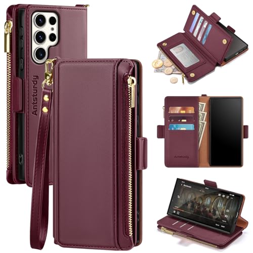 Antsturdy Samsung Galaxy S23 Ultra case Wallet with Card Holder for Women Men,Galaxy S23 Ultra Phone case RFID Blocking PU Leather Flip Shockproof Cover with Strap Zipper Credit Card Slots,Wine Red