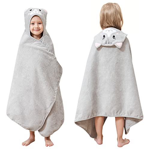 Style Quarters Kids Hooded Bath Towel, Large Kids Bath Towels, Cartoon Cat Kids Beach Towels, 100% Cotton Terry Toddler Hooded Bath Towel, Embroidery Kids Hooded Bath Towel with 24"x50"(Grey)