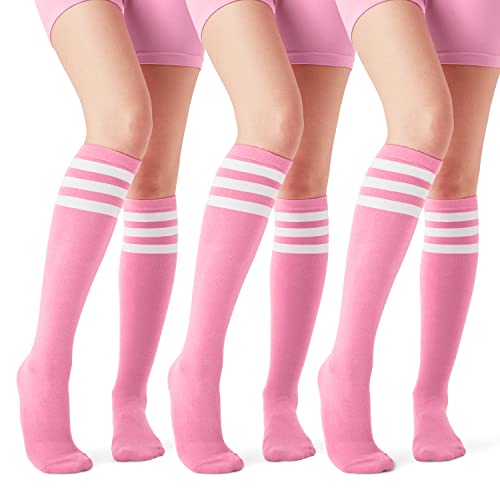 Joulli Women's Knee High Athletic Socks Stripe Tube Outdoor Sport Socks 3 Pairs, Pink