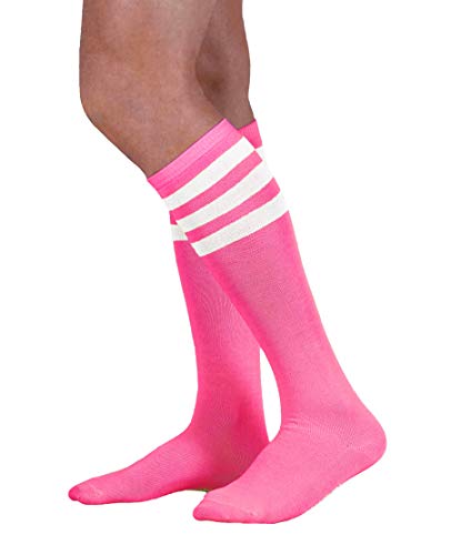 Colored Knee High Tube Socks with Colored Stripes (Neon Pink with White Stripes)