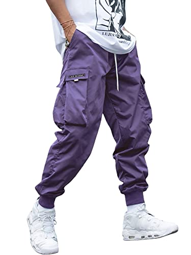 OYOANGLE Men's Casual Drawstring Elastic Waist Flap Pocket Letter Graphic Street Jogger Cargo Pants Purple S