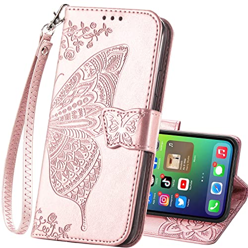for iPhone 15 Pro Max Wallet case with Credit Card Holder,Flip Book PU Leather Protective Cover Women Men Pocket Emboss Butterfly Flower Kickstand for iPhone 15 Pro Max Rose Gold