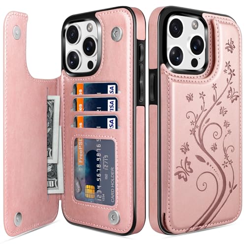 iMangoo for iPhone 15 Pro Max Case Wallet Credit Card Holder Slot,iPhone 15 Pro Max Case Women Cute Flower Pattern PU Leather Magnet Clasp Flip Cash Sleeve Phone Cover for iPhone 15 Pro Max Rose Gold