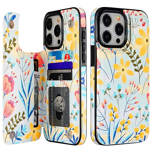HAOPINSH for iPhone 15 Pro Max Wallet Case with Card Holder, Floral Flower Pattern Back Flip Folio PU Leather Kickstand Card Slots Case for Women Girls, Double Magnetic Clasp Shockproof Cover 6.7"