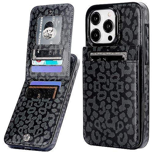 Vaburs Compatible with iPhone 15 Pro Max Case Wallet with Credit Card Holder, Black Leopard Cheetah Pattern Flip Premium PU Leather Magnetic Closure Shockproof Protective Cover 6.7"