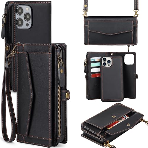 DKDKSIP for iPhone 15 Pro Max Wallet Case for Women, Support Wireless Charging with RFID Blocking Card Holder, PU Leather Zipper Wallet Detachable Magnetic Phone Case with Crossbody Strap, Black