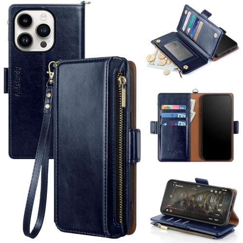 Antsturdy Compatible with iPhone 15 Pro Max Wallet Case,RFID Blocking PU Leather Phone Case Women Men with Card Holder Flip Cover Wrist Strap Zipper Credit Slots for Apple 15 Pro Max,Dark Blue
