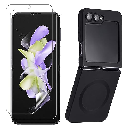 Yetagso Magnetic for Samsung Galaxy Z Flip 5 Case,Soft Silicone Camera Protection Samsung Z Flip 5 Case with HD Screen Protector,Slim Strong Magnetic Z Flip 5 Case with Soft HD Clear Film,Black