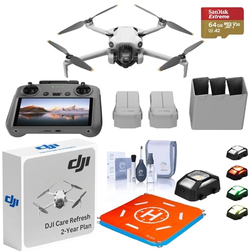 NEW DJI Mini 4 Pro Drone Fly More Combo, Bundle with DJI Mini 4 Pro Care Refresh 2-Year Plan for Aerial Photography Enthusiasts With 20" Foldable Landing Pad and Strobe Lights, Care and Cleaning Kit
