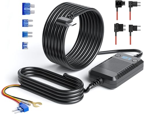 Dash Cam Hardwire Kit, E-YEEGER Type-C Hardwire Kit for Car Dash Camera, 11.5ft, Converts 12V 24V to 5V/2.5A Adjustable Low Voltage Protection, Include 4 Fuse Taps, Enable 24H Parking Monitoring