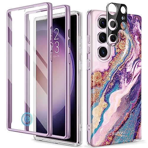 GVIEWIN for Samsung Galaxy S23 Ultra Case 5G 6.8", [Built-in Screen Protector + Camera Lens Protector ][2 Front Frames] Military Grade Shockproof, Marble Protective Phone Cover(Dreamland River/Purple)