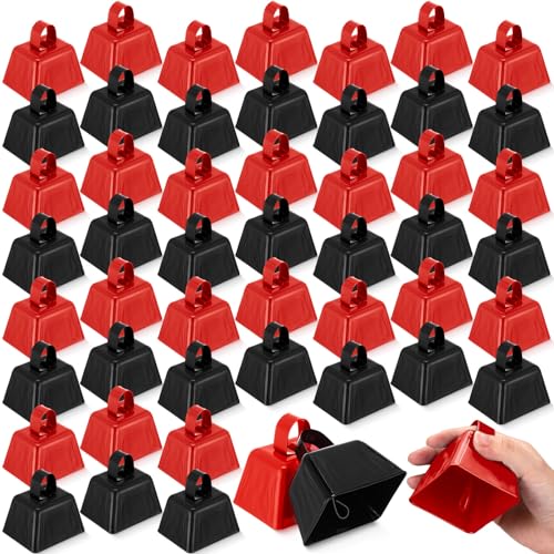 Lukmaa 50 Pcs Metal Cow Bells Small Cowbell Noise Maker with Handles 3 Inch Decorative Cow Bells Hand Percussion Cowbells Bulk Novelty Noisemakers for Wedding Cheering Football Games Sporting Events