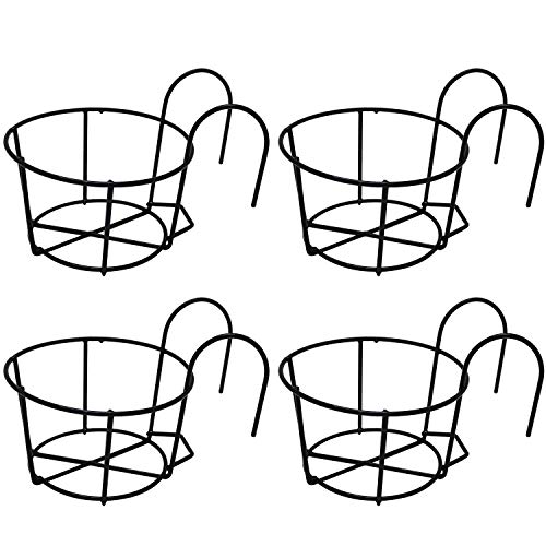 4 Pack Round Hanging Railing Planters, Flower Pot Holders, Metal Pot Plant Basket, Shelf containers for Indoor and Outdoor use (Black)