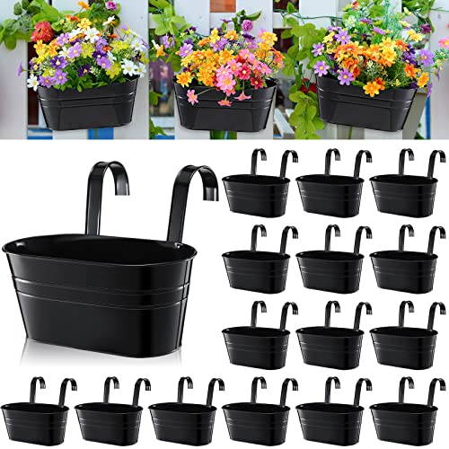 Zubebe 20 Pack Metal Iron Hanging Flower Holders Balcony Railing Planters Bucket Flower Pots with Detachable Hook Large Hanging Planters Rustic Herb Railing Planter for Indoor Outdoor Garden (Black)