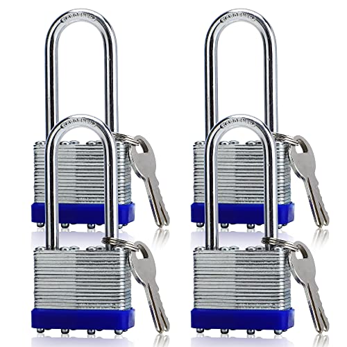 4 Pack Outdoor Padlocks with Keys Long Shackle Keyed Alike Padlocks with 8 Keys 40mm Heavy-Duty Locks for Gate Fence Toolbox School Gym