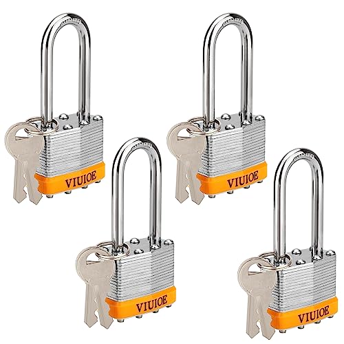 VIUIOE 4Pcs Keyed Alike Padlocks with Keys - Long Shackle Gym Locker Lock with Keys - Laminated Pad Locks with Same Keys for Door, Luggage, Gate, Storage, Fence, Cabinet, Garage, Shed, Latch