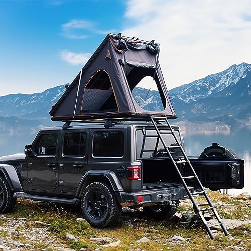 UPLAND Rooftop Tent Hard Shell for Camping, Aluminium Pop Up Roof Top Tent, Van Jeep Car SUV Truck Triangle Shell Tents, Hardshell Rooftop Tent Anti UV with Luggage Bars, Ladder, LED Light