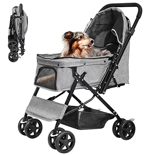 Pet Stroller for Large Medium Dogs & Cats with Reversible Handle, Foldable Pet Stroller Travel Carriage with Large Storage Basket, Gray