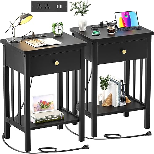 Hoiplu Black Nightstand with Charging Station Set of 2, Bamboo Night Stand Bedside Table with 2 USB Port and Outlet, Real Wood End Table Farmhouse Side Table with Drawer for Bedroom, Living Room