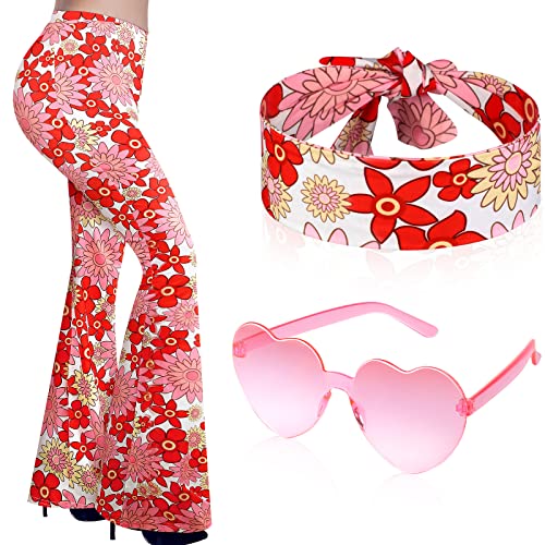 Tisancy 3 Pcs 60s 70s Outfits for Women Hippie Costume Set Disco Flared Pants 70's Groovy Outfits Halloween Party Accessories (Flower,L Size)