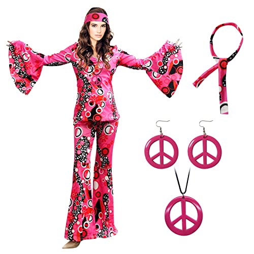 MRYUWB 6 Pieces 70s Hippie Costumes Accessories for Women Disco Outfit, 70's Theme Party Costume, Halloween Boho Flared Pants (Pink, X-Large)