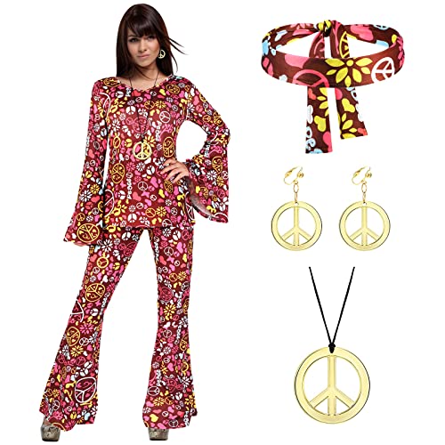 70s Women Hippie Costume Set Halloween Hippie Dress Bell Bottom Boho Flared Pant for Dress up Party(L)
