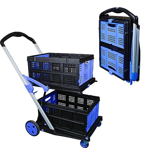 APOXCON Folding Shopping Cart, Two Tier Collapsible Cart with One Crate, Heavy Duty Utility Cart with 360 Rolling Swivel Wheels Multiple Uses Folding Trolley for Shopping, Picnic and Office