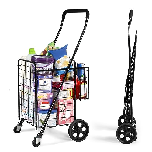MARSTAR Folding Shopping Cart w/Rolling Swivel Wheels, Utility Cart for Groceries Laundry Transport Stair Climber, Double Basket, Adjustable Handle, Portable Grocery Cart, Light Weight, Save Space