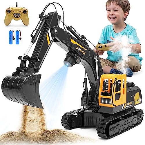Remote Control Excavator Toys for Boys - 12 Channel Metal Shovel RC Excavator with Spray & LED Lights, RC Construction Vehicles with 2 Batteries, Gifts for Kids Boys Girls Age 4-7 8-12 Year Old