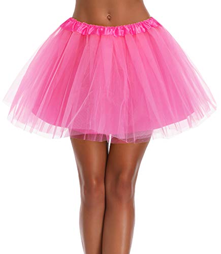 Women's, Teen, Adult Classic Elastic 3, 4, 5 Layered Tulle Tutu Skirt (One Size, 4Layer-DarkPink)