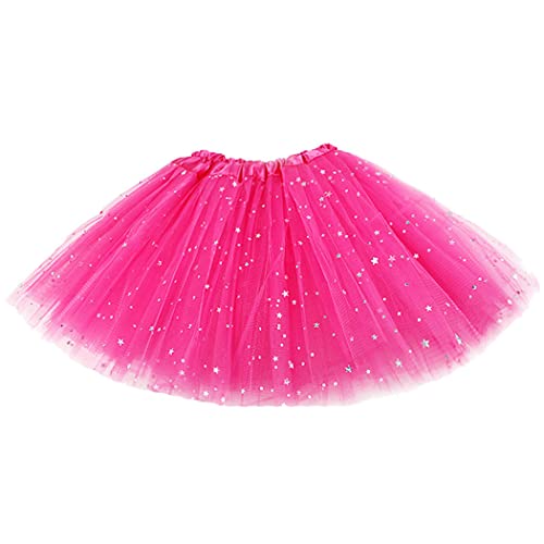 TWINKLEDE Women's Tulle Ballet Tutu Skirt Glitter Sparkle Layered Tutu Skirts with Stars for Women and Girls (A Hot Pink)