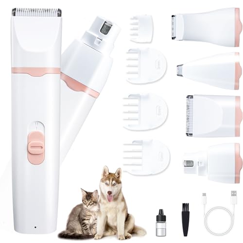 KIKETECH Dog Clippers for Grooming, Low Noise Dog Hair Trimmer, 4-in-1 Cordless Pet Grooming Kit for Small Dogs/Cats/Rabbit, Washable Attachment Heads, Pet Hair Clippers on Body,Paw,Eyes,Face, Pink