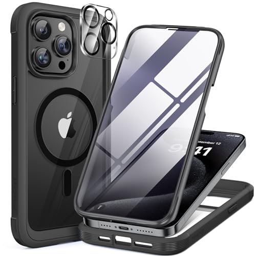 Miracase Magnetic for iPhone 15 Pro Max Case 6.7'' [Compatible with Magsafe] Full-Body Military Drop Proof for iPhone 15 ProMax Case Cover with Built-in 9H Tempered Glass Screen Protector,Black