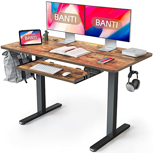 BANTI 40" x 24" Height Adjustable Electric Standing Desk with Keyboard Tray, Sit Stand up Desk with Splice Board, Black Frame/Rustic Brown Top