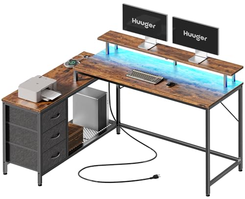 Huuger Reversible L Shaped Computer Desk with Drawers, Gaming Desk with LED Lights and Power Outlets, Office Desk with Storage, Corner Desk with Monitor Stand, for Home & Office, Rustic Brown