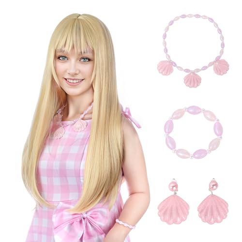MUPUL Blonde Barbi Wigs for Women Blond Barbe Wig Long Hair Wig with Bangs Natural Cute Synthetic Long Straight Wigs for Costume Party
