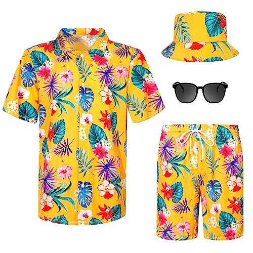 4Pcs Men's Hawaiian Shirt and Short Set Casual Button Down Summer Beach Flower Outfits with Bucket Hats and Sunglasses (Floral and Leaf, XL Size)