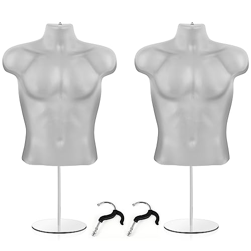 Geetery 2 Pack Male Mannequin Torso with Stand Hollow Back Dress Form Mannequin Body White Retail Mannequins Body Tshirt Display with Metal Pole and Hanging Hook for Counter Craft Shows, S M Size