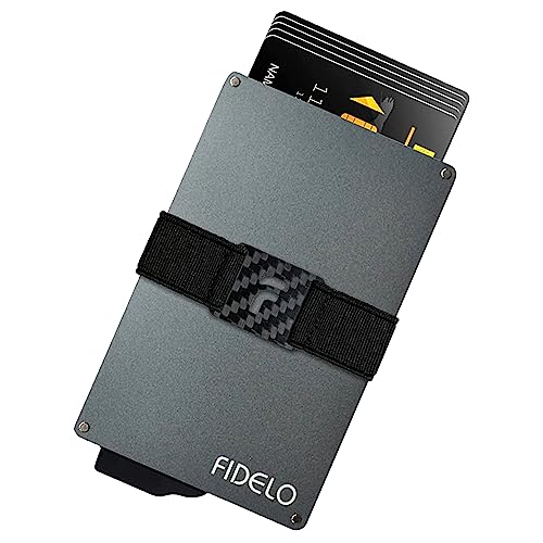 Fidelo Minimalist Wallet for Men - Slim Credit Card Holder Compatible with all our Cases, RFID Blocking Wallet Made out Of 6063 Aluminum And 2 Removable Cash Bands to hold 1-10 bills - Grey