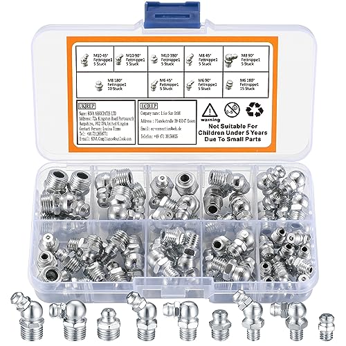 Metric Grease Fittings Kit, 60 Pcs Hydraulic Grease Zerk Assortment Kit, M6 M8 M10 45 90 Degree Grease Gun Fittings, Straight and Angled Grease Zerk Kit for Grease Guns Mechanical Lubrication