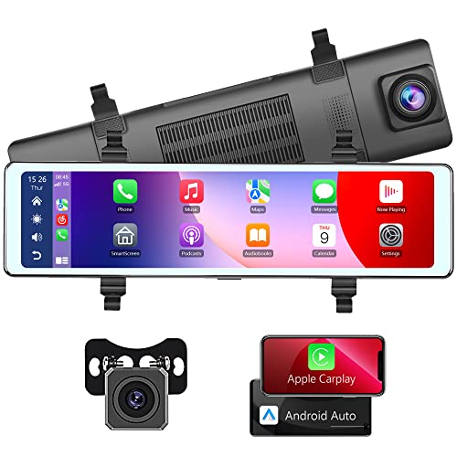 Mirror Dash Cam Wireless Apple Carplay Android Auto, 11.26" Touch Screen Mirror Backup Camera Front and Rear View Dual Cameras Voice Control Loop Recording FM Transmitter Parking Assistance DVR