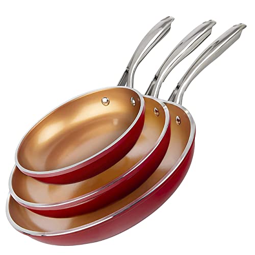 GOTHAM STEEL Frying Pan Set, 3 Piece Nonstick Copper Fry Pans Set, 8, 10 & 12 Nonstick Frying Pans, Nonstick Skillet Set, Omelet Pan, Cookware, PFOA Free, Dishwasher Safe, Cool Touch Handle - RED