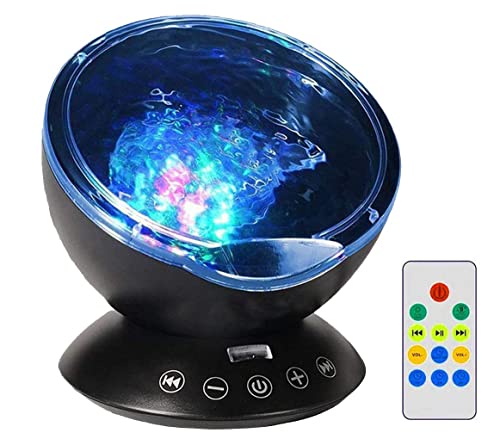 Zinyeme Ocean Wave Projector, Mermaid Decor Night Light Lamp 7 Color Mood Lights Sound Machine with Remote Control & Built-in White Noise Sleep Sounds for Gifts Girls Kids Boys Living Room(Black)