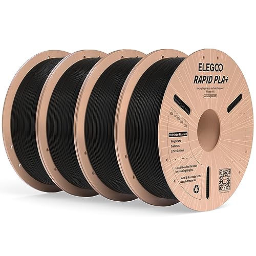 ELEGOO Rapid PLA Plus Filament 1.75mm Black 4KG, PLA+ 3D Printer Filament for 30-600 mm/s High Speed Printing, Dimensional Accuracy +/- 0.02 mm, 4 Pack 1kg Spool(2.2lbs)