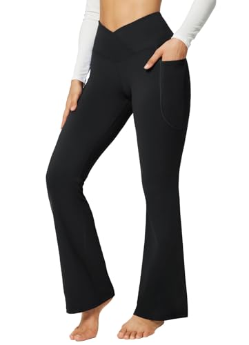 BALEAF Women's Yoga Pants with Pockets High Waisted Flare Leggings Casual Workout Wide Leg Pants Black 32" M