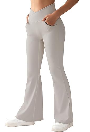 RUUHEE Women Ribbed Crossover Yoga Pants with Pockets High Waist Bell Bottom Flare Leggings(X-Large,Beige)